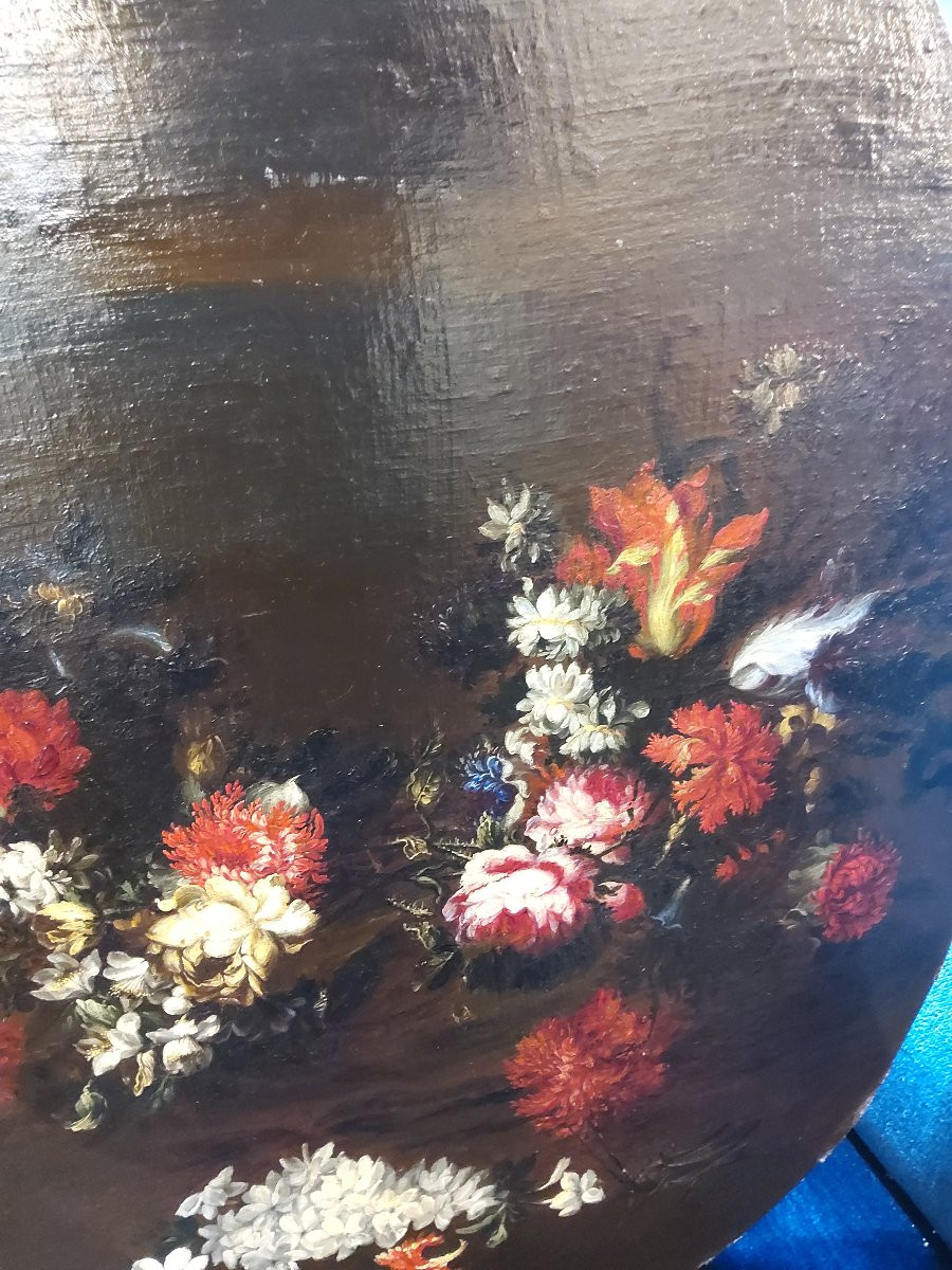 Pair Of Oil On Canvas Medallions Mounted On Wood, Bouquets Of Flowers, 17th Century-photo-2